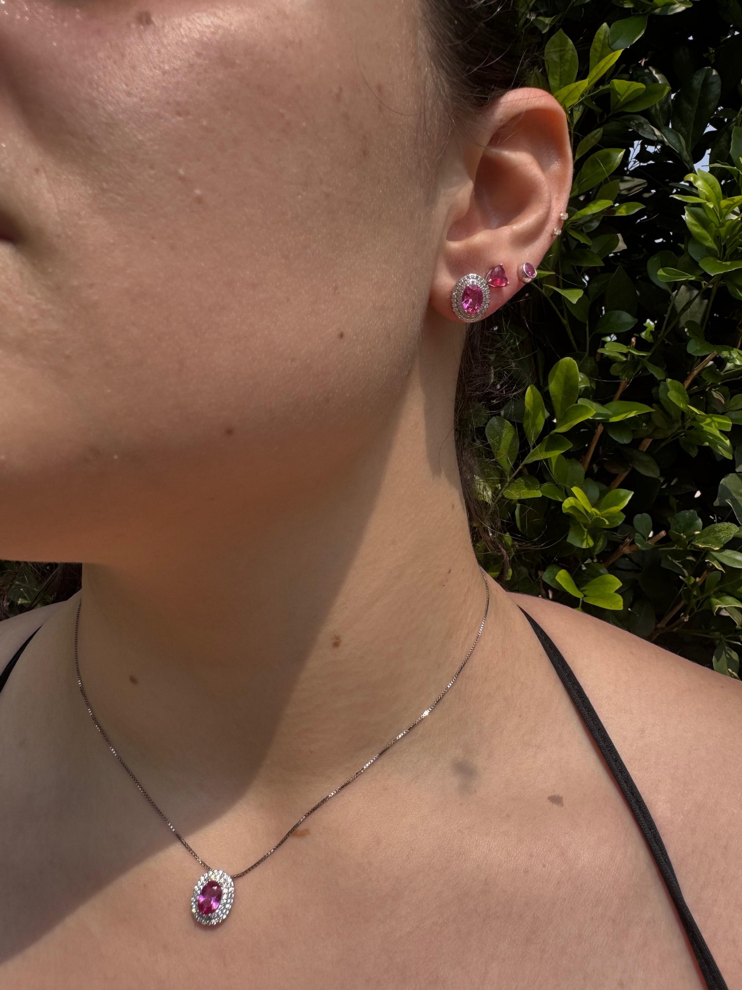 Corrente Oval Bordado Safira Pink Prata 925