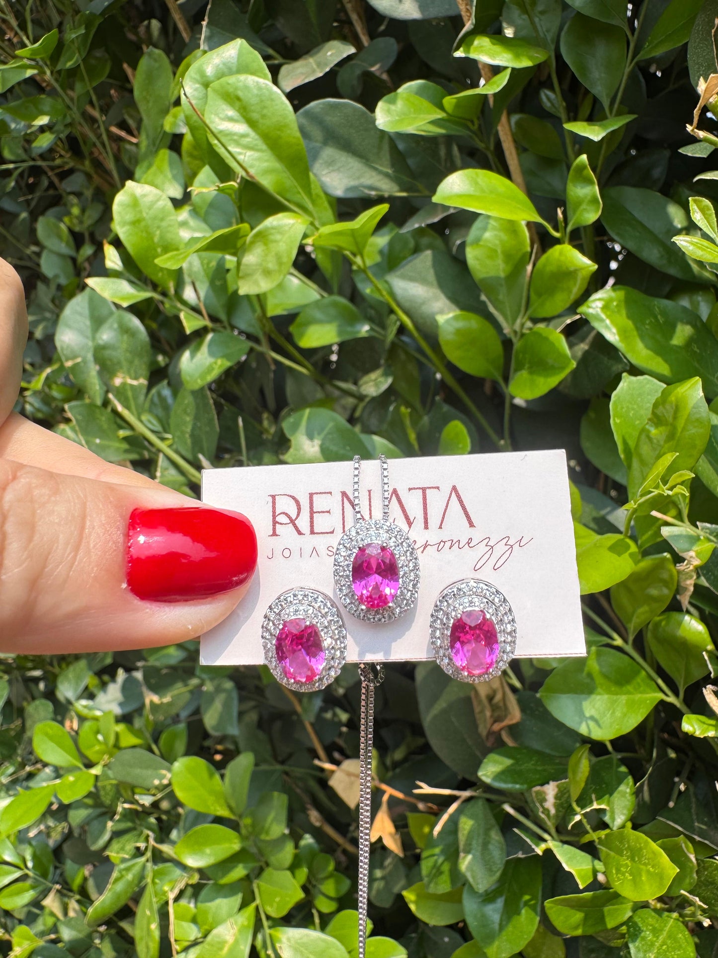 Corrente Oval Bordado Safira Pink Prata 925