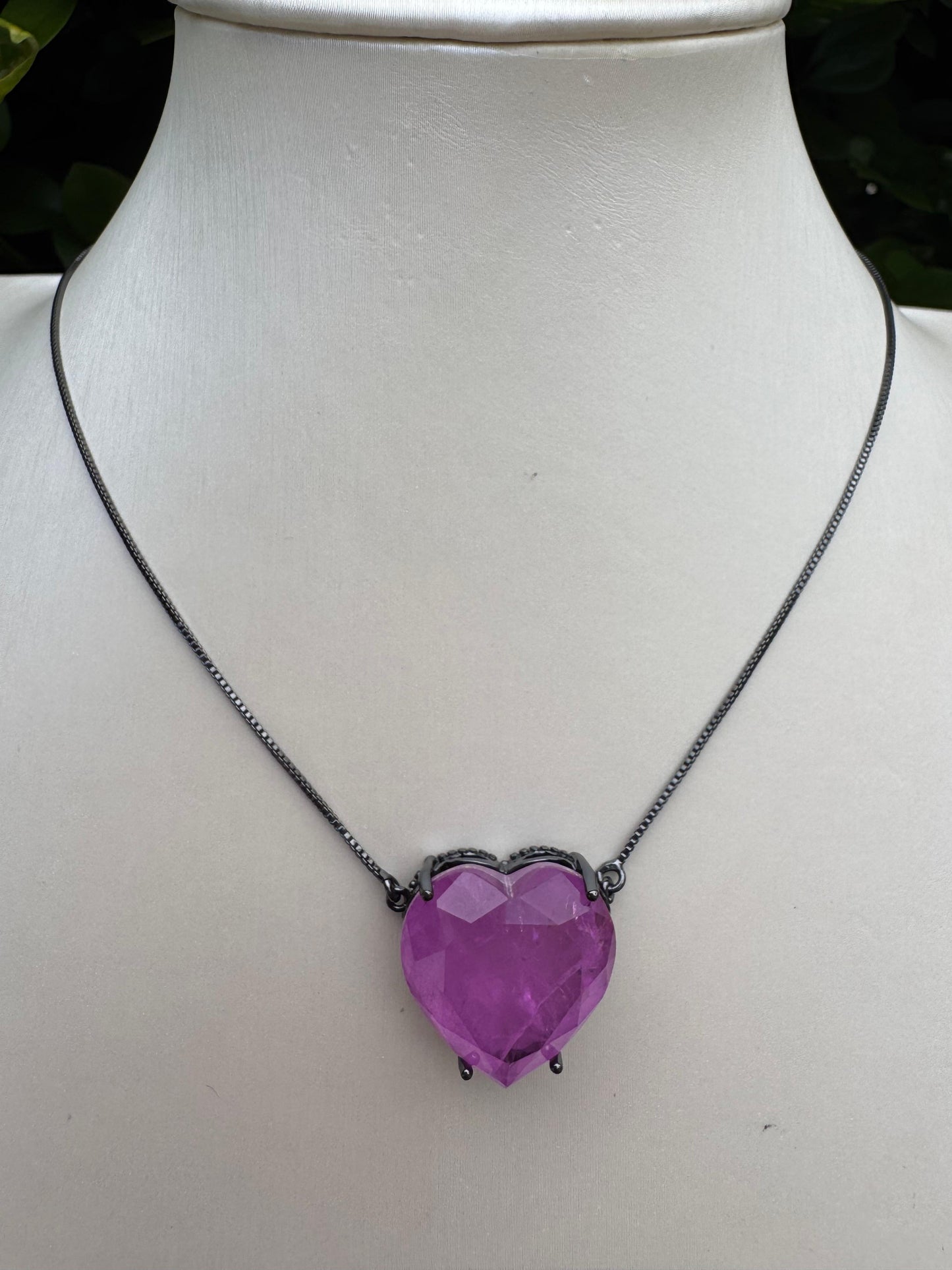 Corrente Coração Cristal Rosa Fusion Rhodium Negro Semijoia