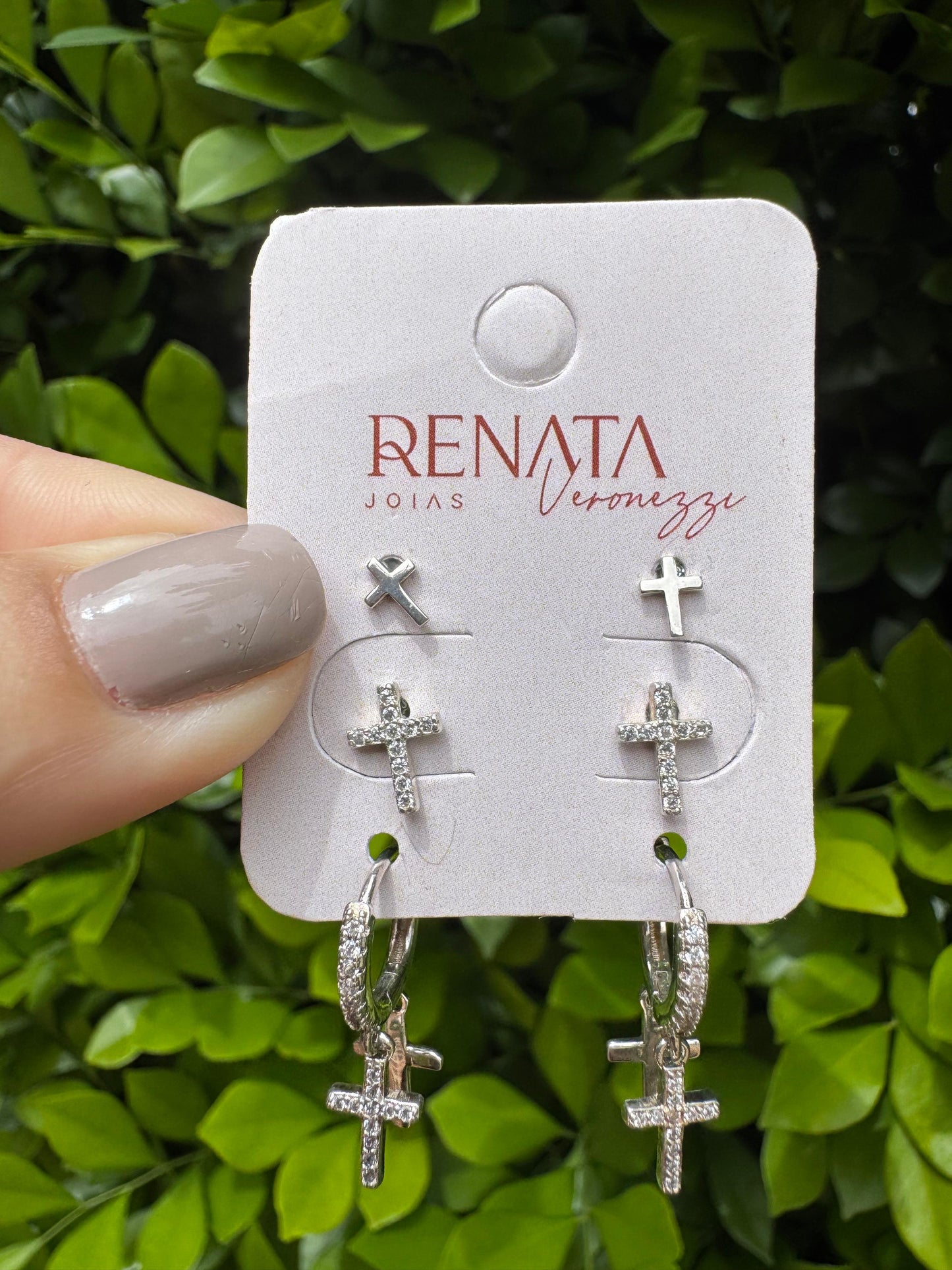 Brinco Trio Crucifixo Com Detalhe Zirconias Prata 925