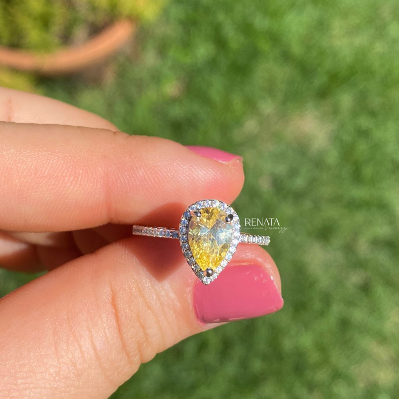 Anel Gota Pedra Yellow Prata 925