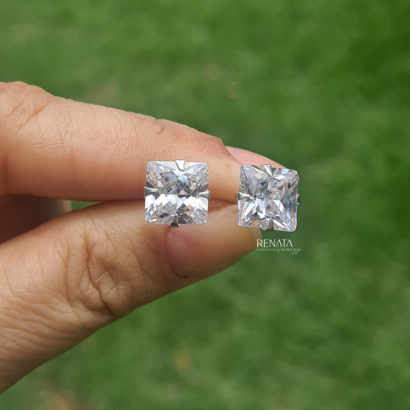 Brinco Quadrado Zirconia Branca Prata 925