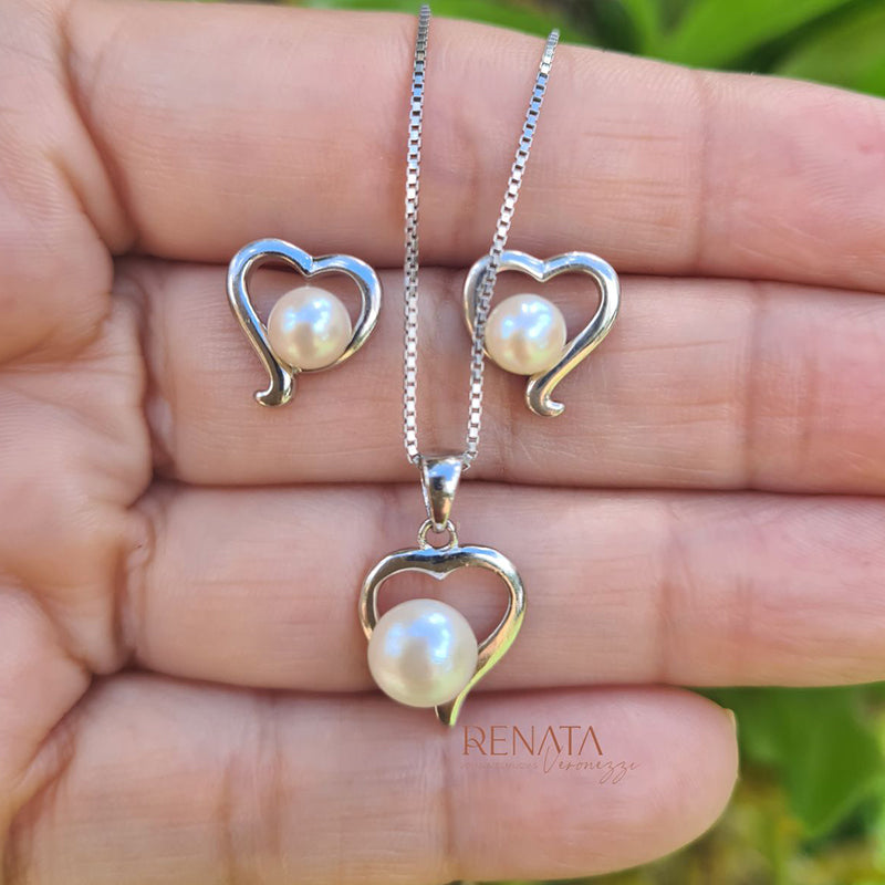 Jogo Heart com Detalhe Pérola Shell Prata 925