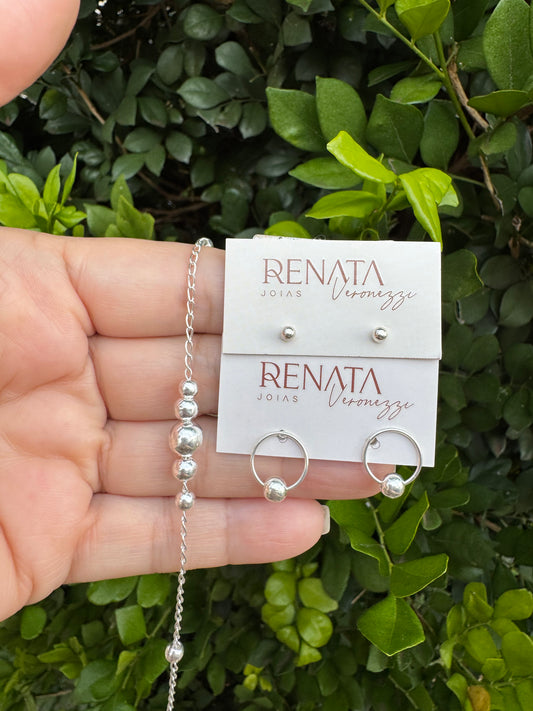 KIT LORE - 2 Brincos + Pulseira Bolinhas Prata 925