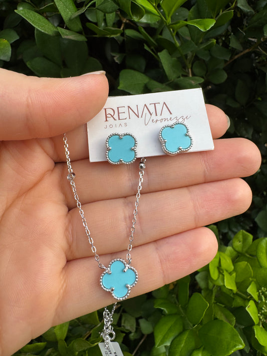 KIT TIFFANY - Brinco + Colar Trevo Azul Tiffany Prata 925