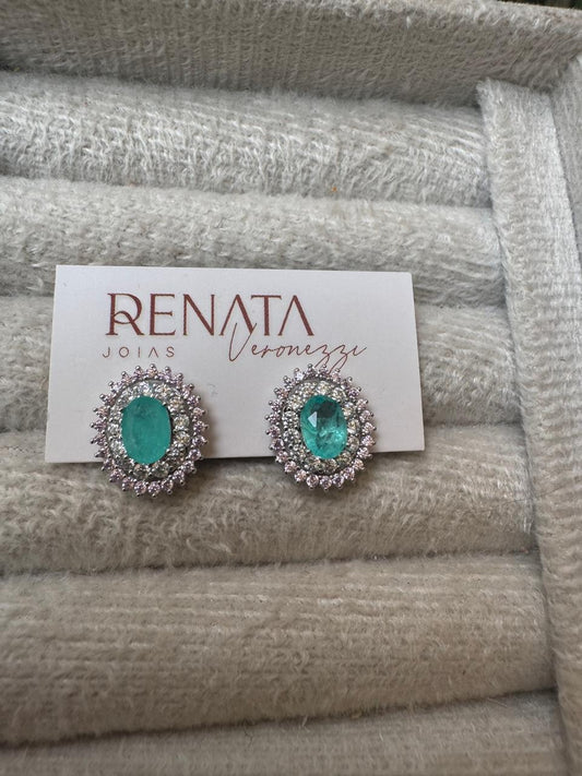 Brinco Oval Esmeralda Colombiana Bordado Prata 925
