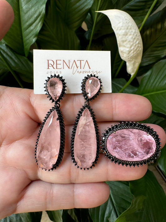 Brinco e Anel Pedra Rutilada Rosa Ródio Semijoia