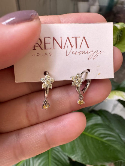 Brinco Argola Flor Yellow Pendurada Prata 925
