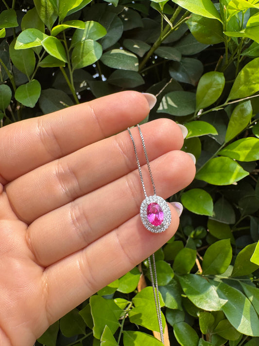 Corrente Oval Bordado Safira Pink Prata 925