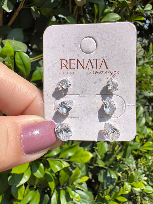 Brinco Trio Gotas Zircônias Prata 925