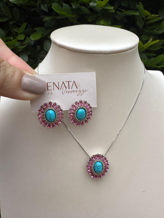 Conjunto De Brinco e Colar Pedra Lápis Azuli e Zirconias Semijoia