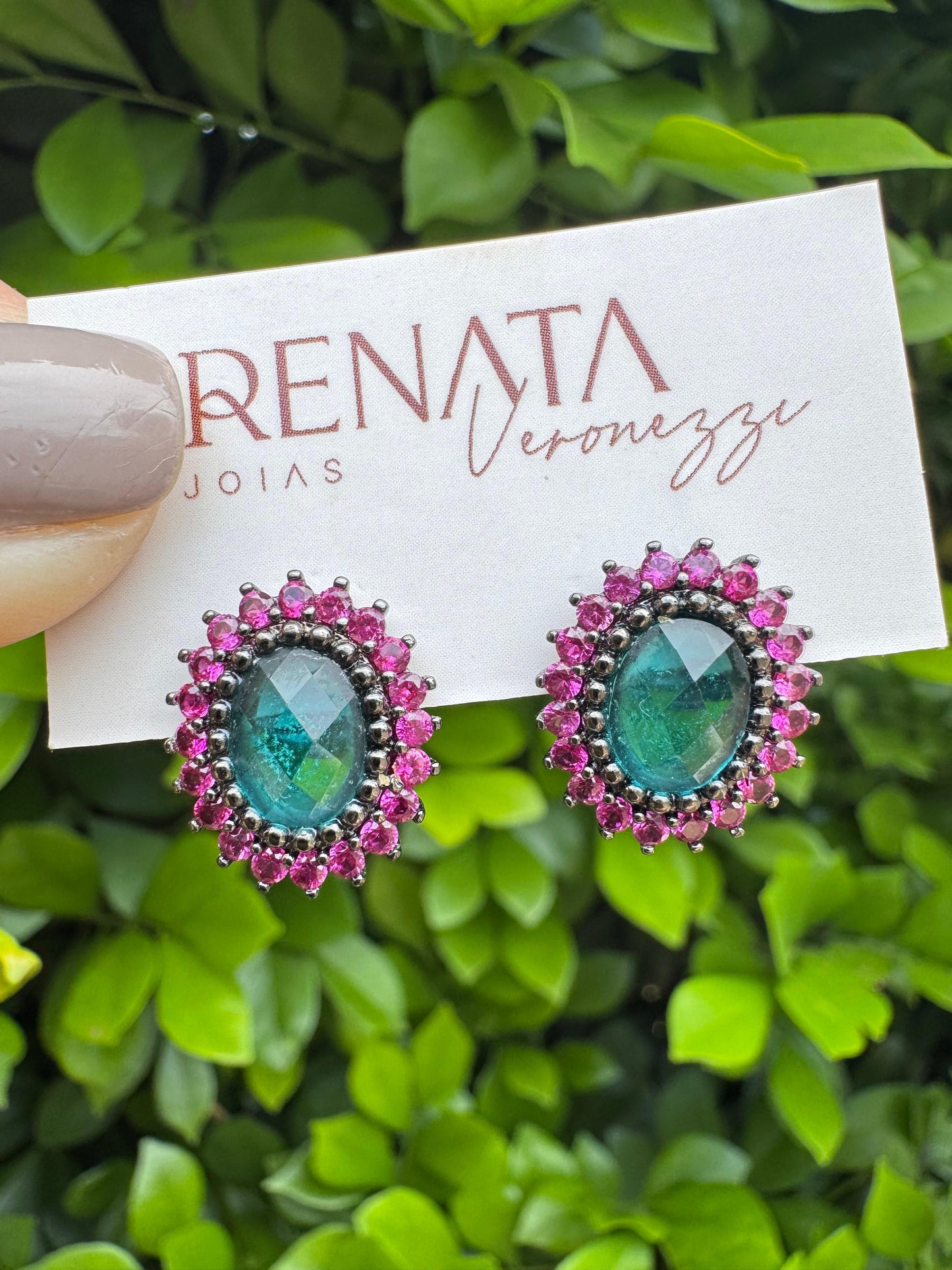 Conjunto De Brinco e Colar Cristal azul Com Zirconais Vermelhas Rhodium Negro Semijoia