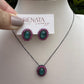 Conjunto De Brinco e Colar Cristal azul Com Zirconais Vermelhas Rhodium Negro Semijoia