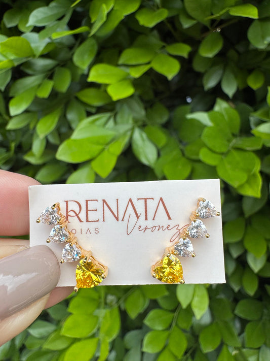 Brinco Earcuff Corações Yellow Zirconias Prata 925 Com Banho