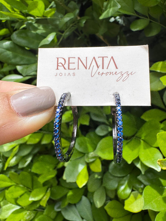 Brinco Argola De Zirconias Azul Rhodium Negro Prata