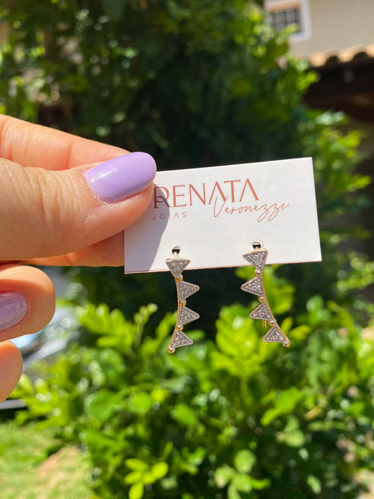 Brinco Earcuff Triangulos Zirconias Prata Com Banho De Ouro