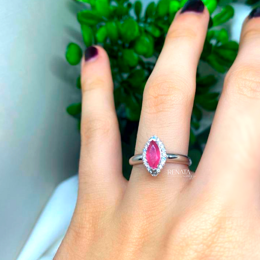 Anel Pedra Navete Pink Prata 925