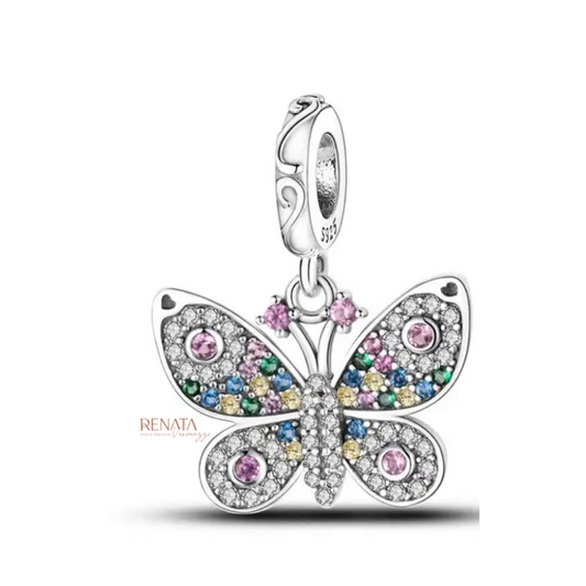 Berloque Borboleta Bordado Zirconias Coloridas Prata 925