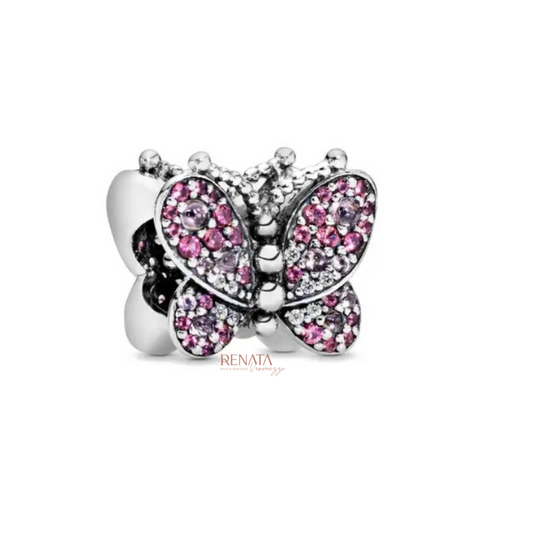 Berloque Borboleta Bordado Zirconias Rosa Prata 925