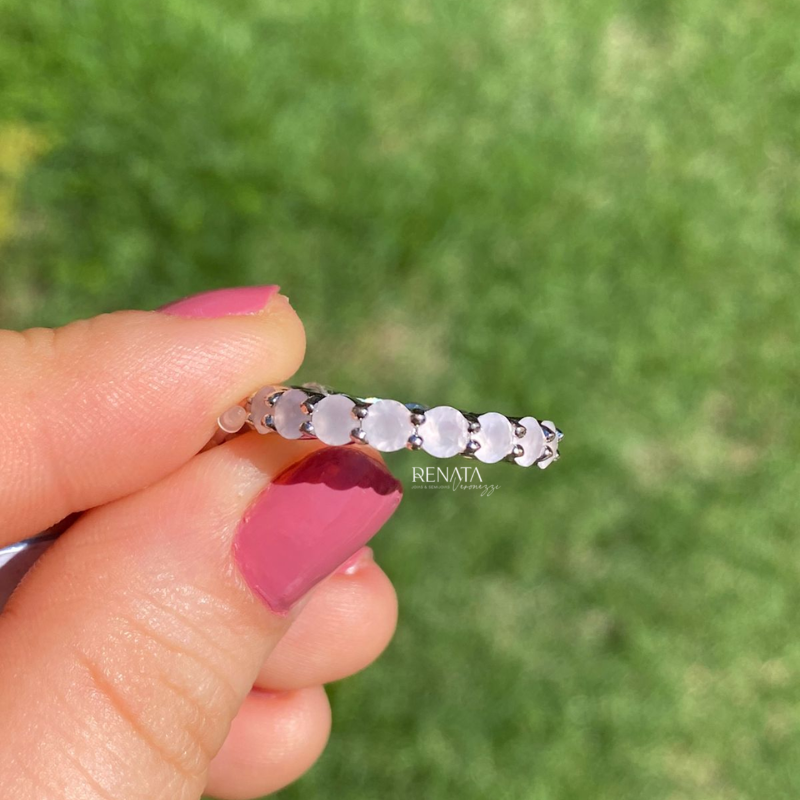 Anel Rhodium Branco Zirconia Leitosa Semijoia
