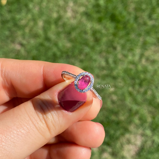 Anel Oval Pink Bordado Zirconias Prata 925