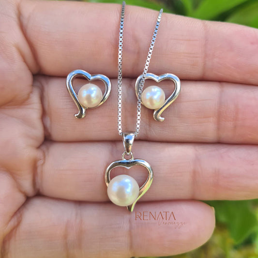 Jogo Heart com Detalhe Pérola Shell Prata 925